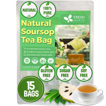 FRESHDRINKUS Soursop Graviola Leaf Tea Bags, 100% Natural, 15 Count, Handmade, Sugar/Caffeine/Gluten Free