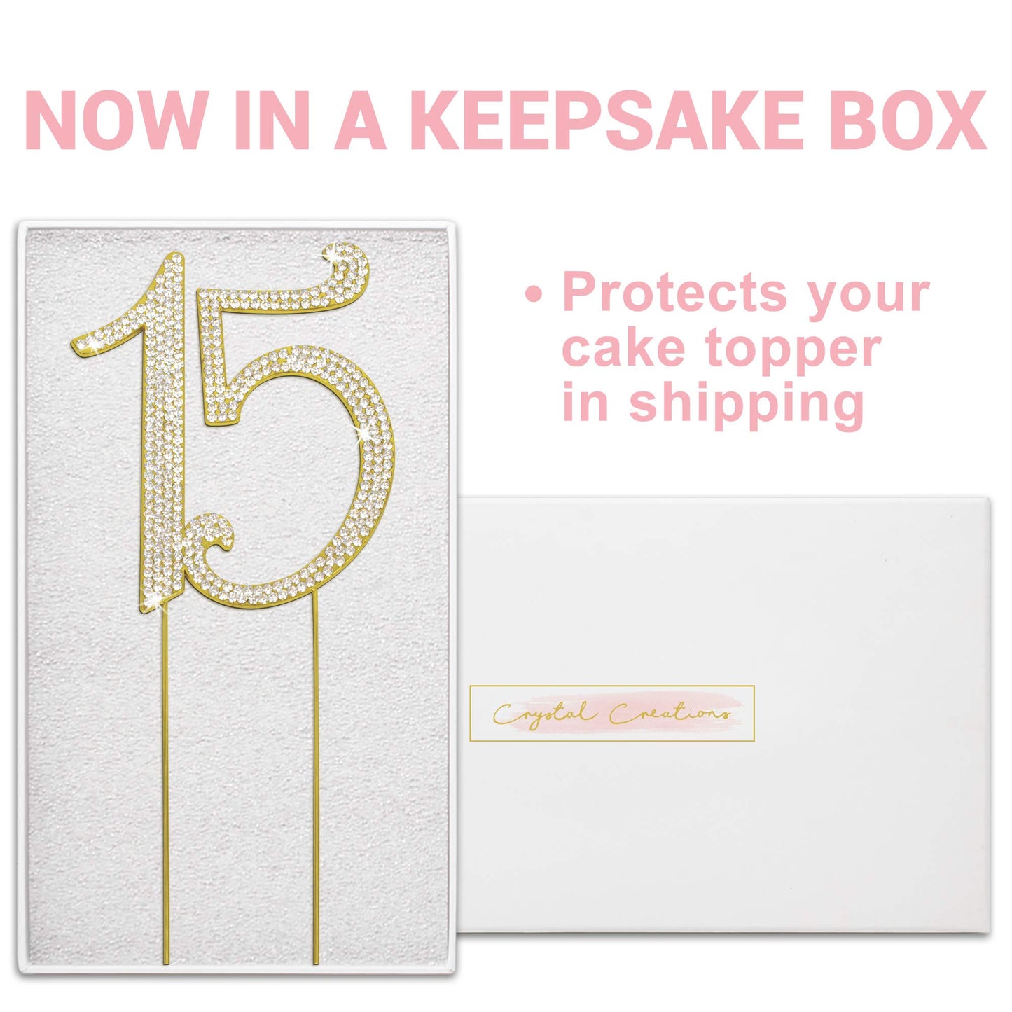 Crystal Creations 15 Cake Topper - Premium Gold Metal with Rhinestones - 1 Count - Perfect for 15th Birthday or Anniversary Party