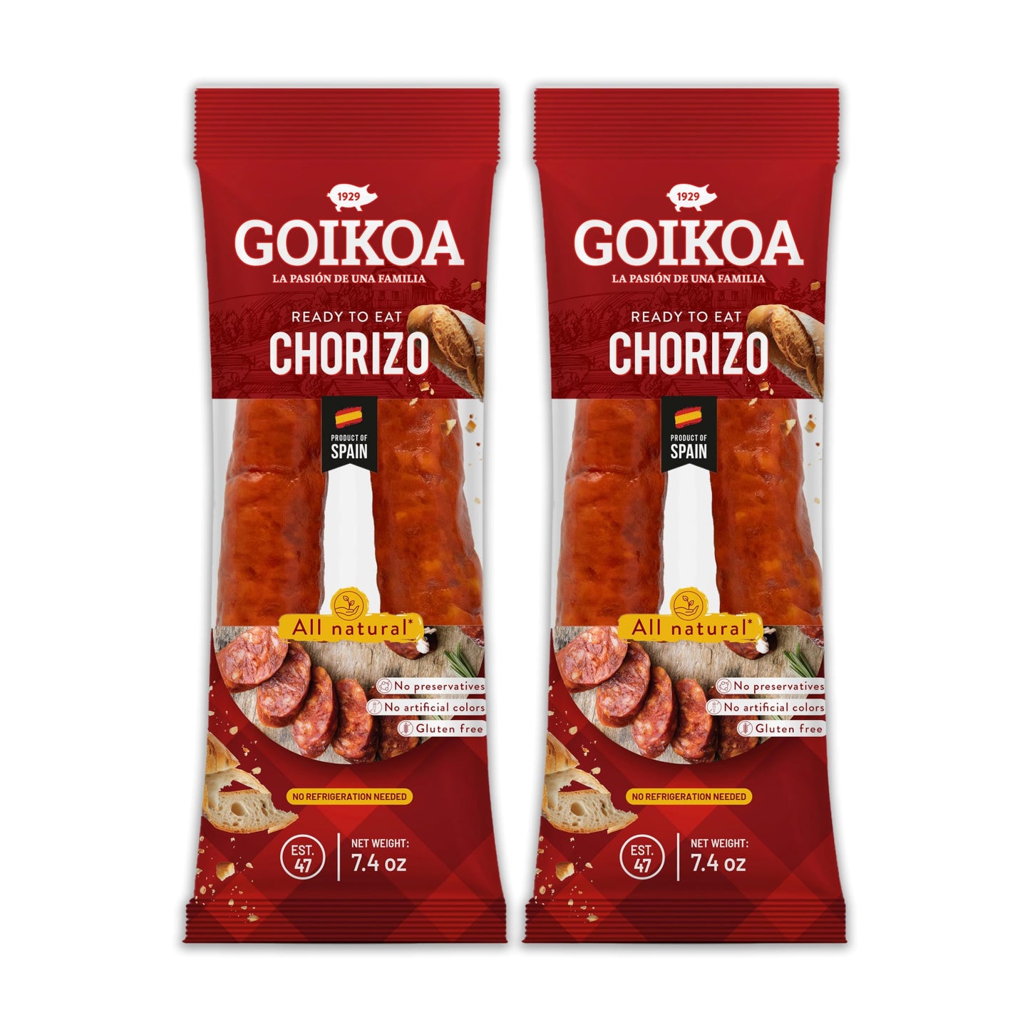 Goikoa Mild Chorizo | All Natural | Dry-Cured | Authentic Navarre Spain | Perfect For Charcuterie | 7.4 oz (210 gr) | (Pack of 2