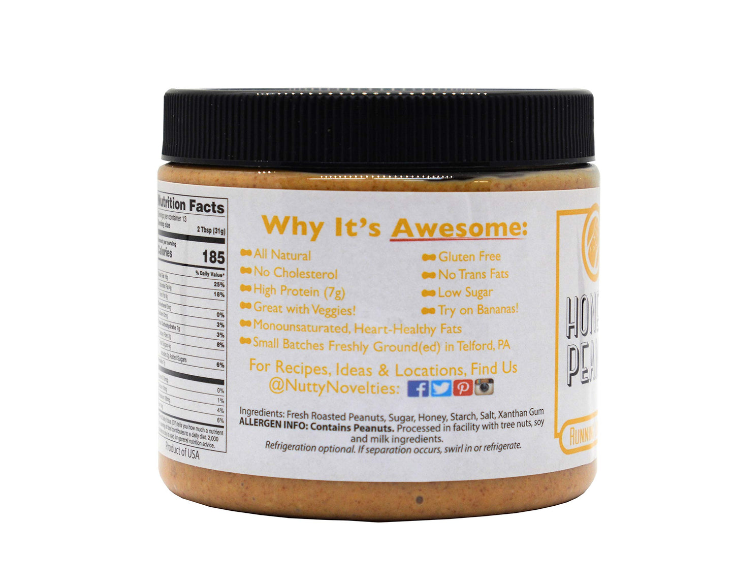 Nutty Novelties Honey Roasted Peanut Butter - High Protein, Low Sugar, Crunchy - 30 Ounces