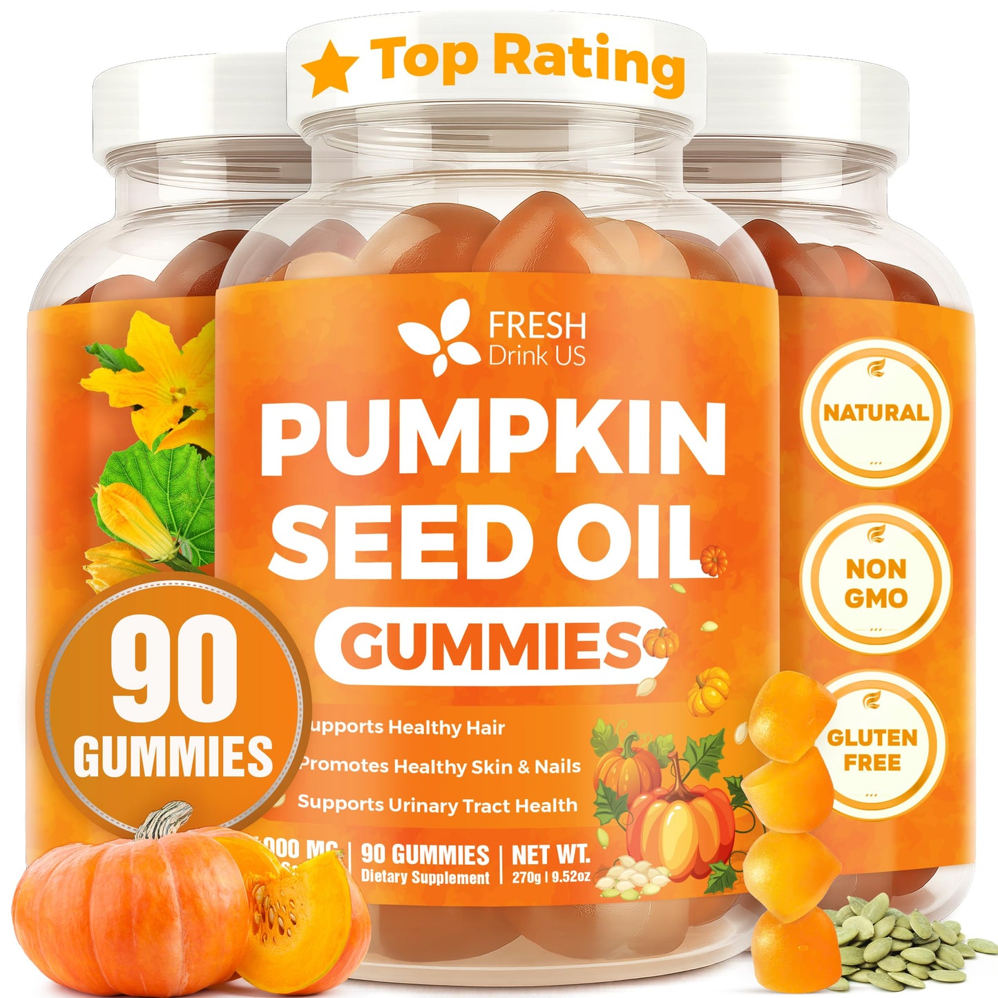 Freshdrinkus  Top-Grade 90 Pumpkin Seed Oil Gummies For Hair Growth  Youthful Skin  4000Mg Per Serving With Zinc & Vitamin C - Plant-Based  Non-Gmo  Sugar/Gluten-Free  Mens & Womens Wellness Gummies