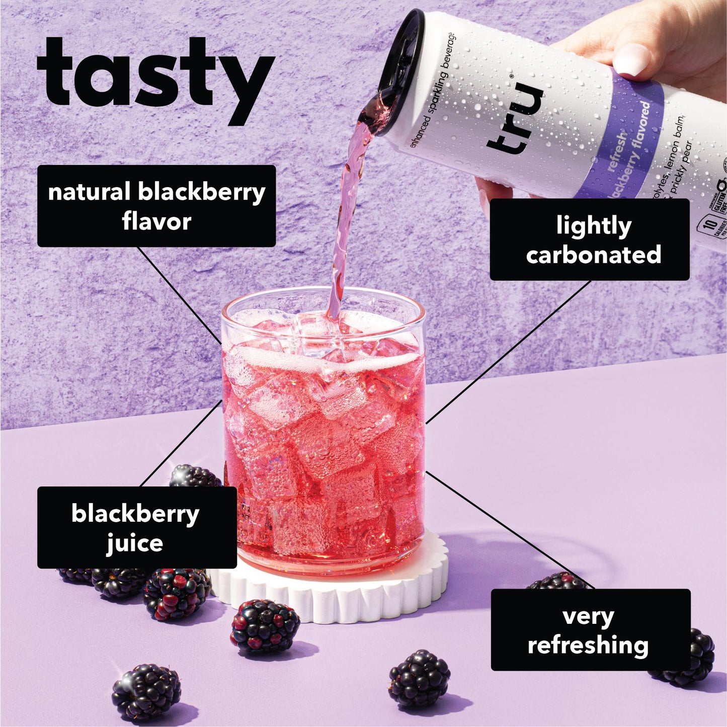 Tru Refresh Seltzer Sparkling Water with Electrolytes, Prickly Pear & Blackberry Juice, 12 FL OZ Cans, 12 Pack, Gluten Free, Vegan