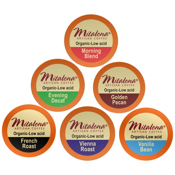 Mitalena Artisan Coffee Variety Pack - 72 Low Acid Organic Coffee Pods, Compatible With Keurig K Cup Coffee Maker - Try 6 Differ