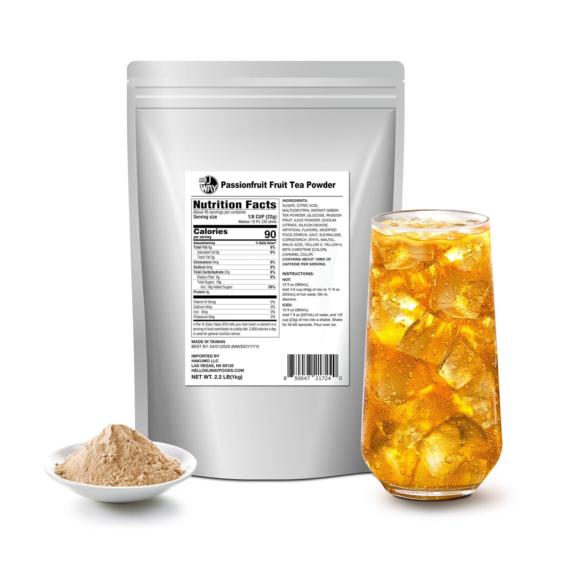 J WAY Passionfruit Iced Green Tea 2.2 Lb (1 Count), Powdered Instant Green Tea Drink Mix Packets, Makes Blended Frappe, Smoothie