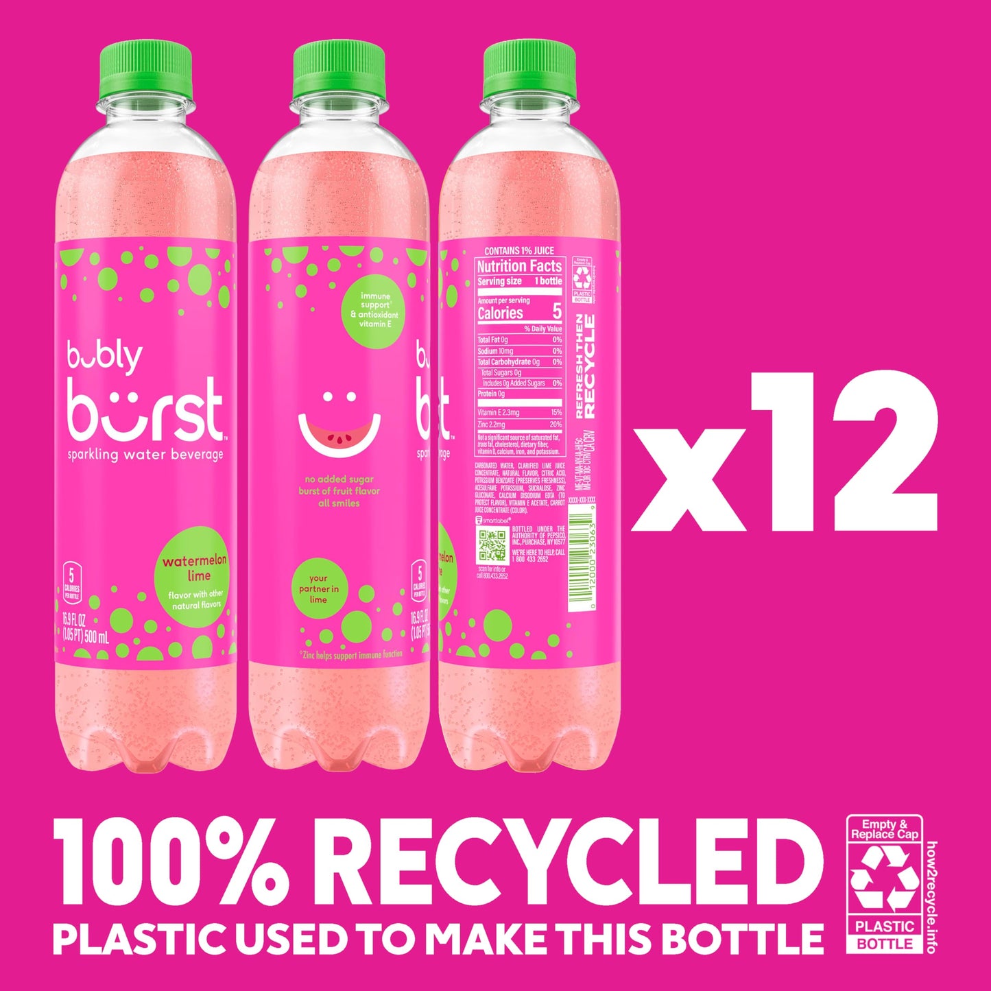 Bubly Burst, Watermelon Lime, 16.9 Fl Oz Bottles (Pack Of 12)