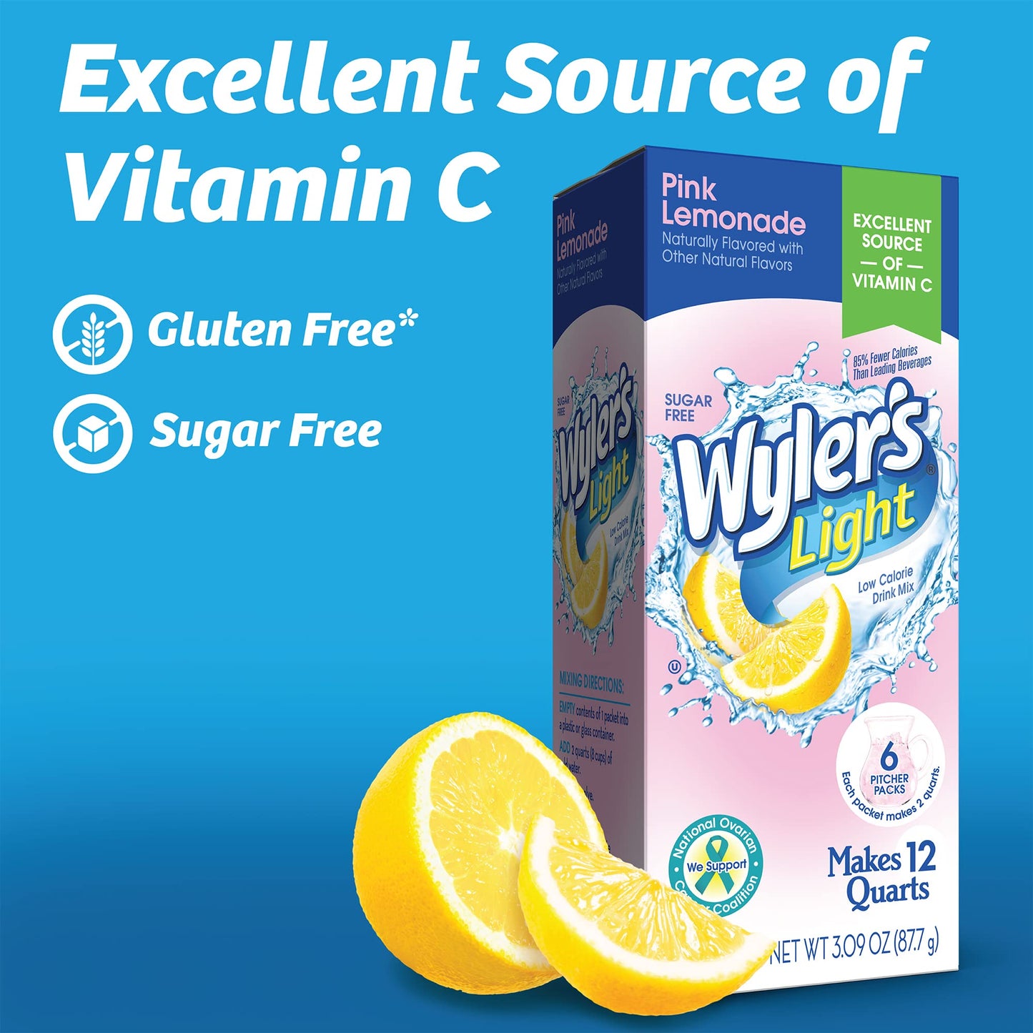 Wyler's Light Pink Lemonade Drink Mix, 6 Pitcher Packets, 0.52 oz Each, Sugar-Free Hydration Solution