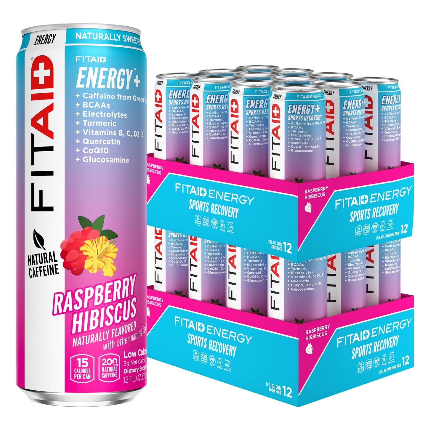 LIFEAID FITAID ENERGY Drink, 200mg Caffeine, Raspberry Hibiscus, 12 Fl Oz (Pack of 12), Keto, Vegan, Gluten-Free
