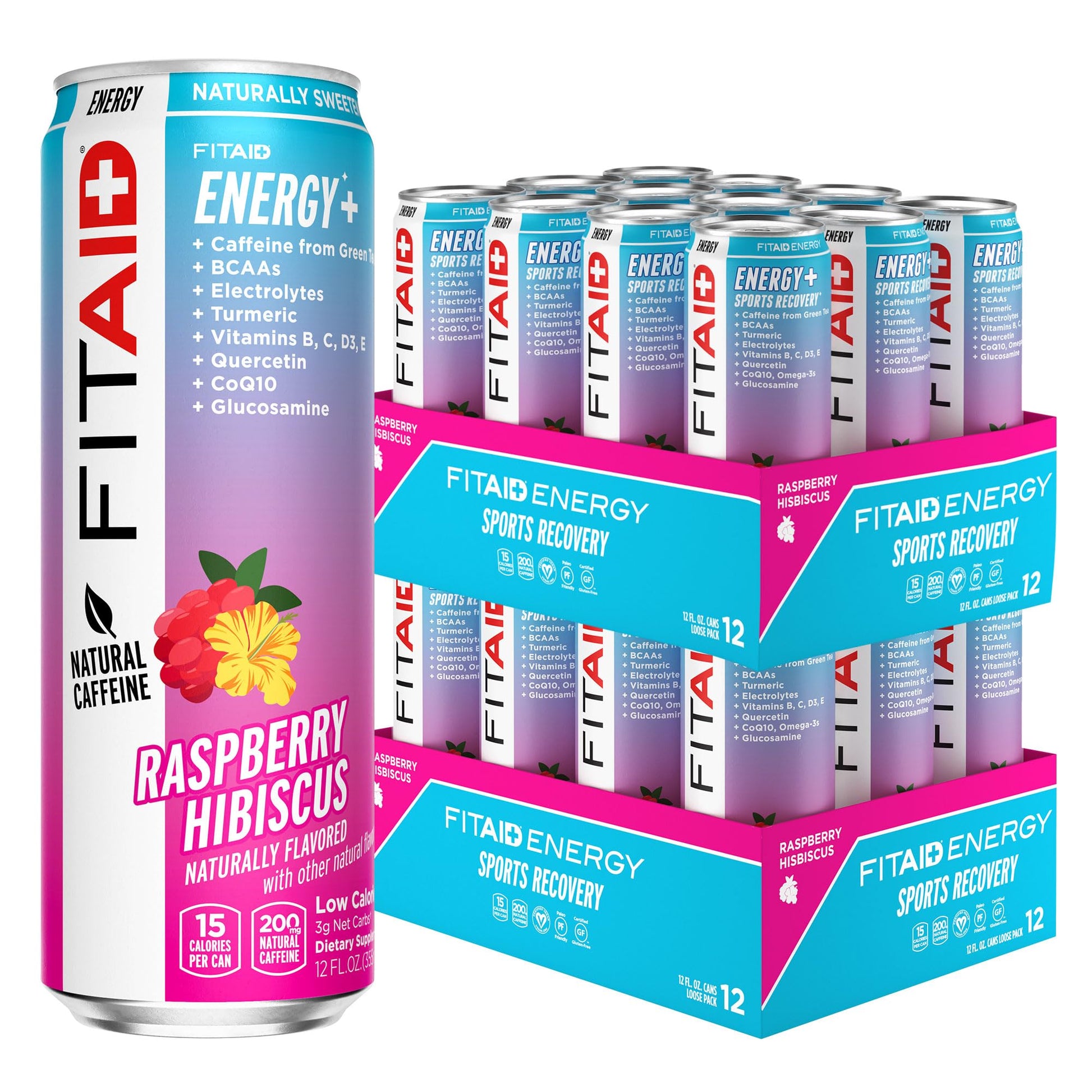 LIFEAID FITAID ENERGY Drink, 200mg Caffeine, Raspberry Hibiscus, 12 Fl Oz (Pack of 12), Keto, Vegan, Gluten-Free