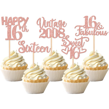 30Pcs Vintage 2008 Cupcake Toppers Glitter Sixteen 16 Fabulous Happy 16Th Birthday Cupcake Picks Cheers To 16 Years For 16Th Bir