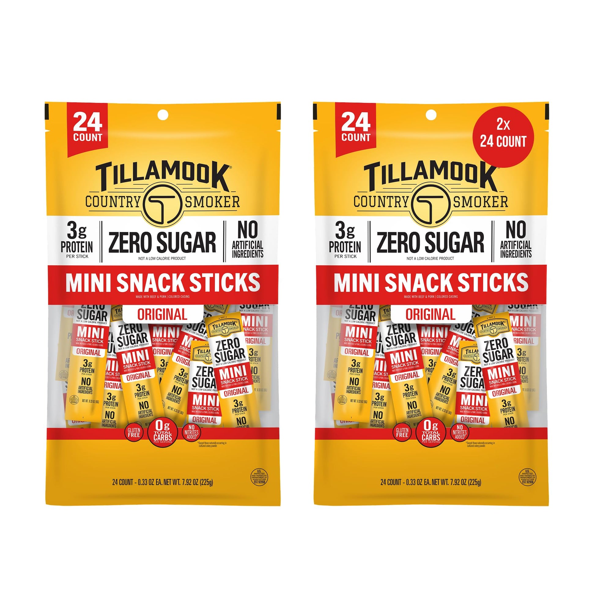 Tillamook Country Smoker Zero Sugar Original Mini Smoked Sausages  0.33 oz  48 Ct  Individually Wrapped Beef Sticks for Afternoon Snacks  Lunchboxes  Travel  Real Hardwood Smoked