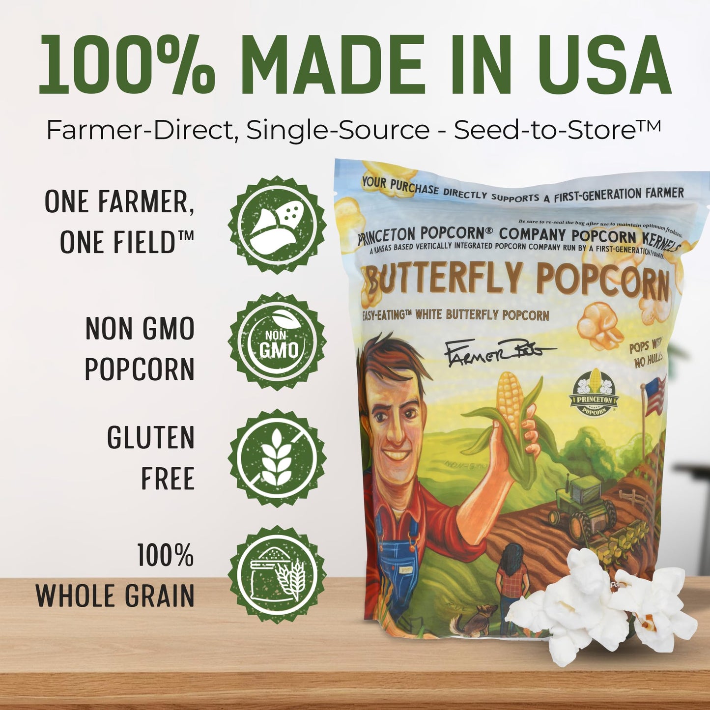 Princeton Popcorn Hulless White Butterfly Popcorn Kernels, Non-GMO, 128 Ounce Bag