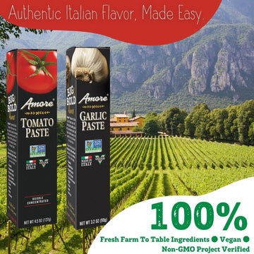 Amore Crowd Favorite - Garlic Paste (3.2Oz) & Tomato Paste (4.5Oz) In A Tube, Vegan, Non Gmo Verified (Variety 2 Pack)