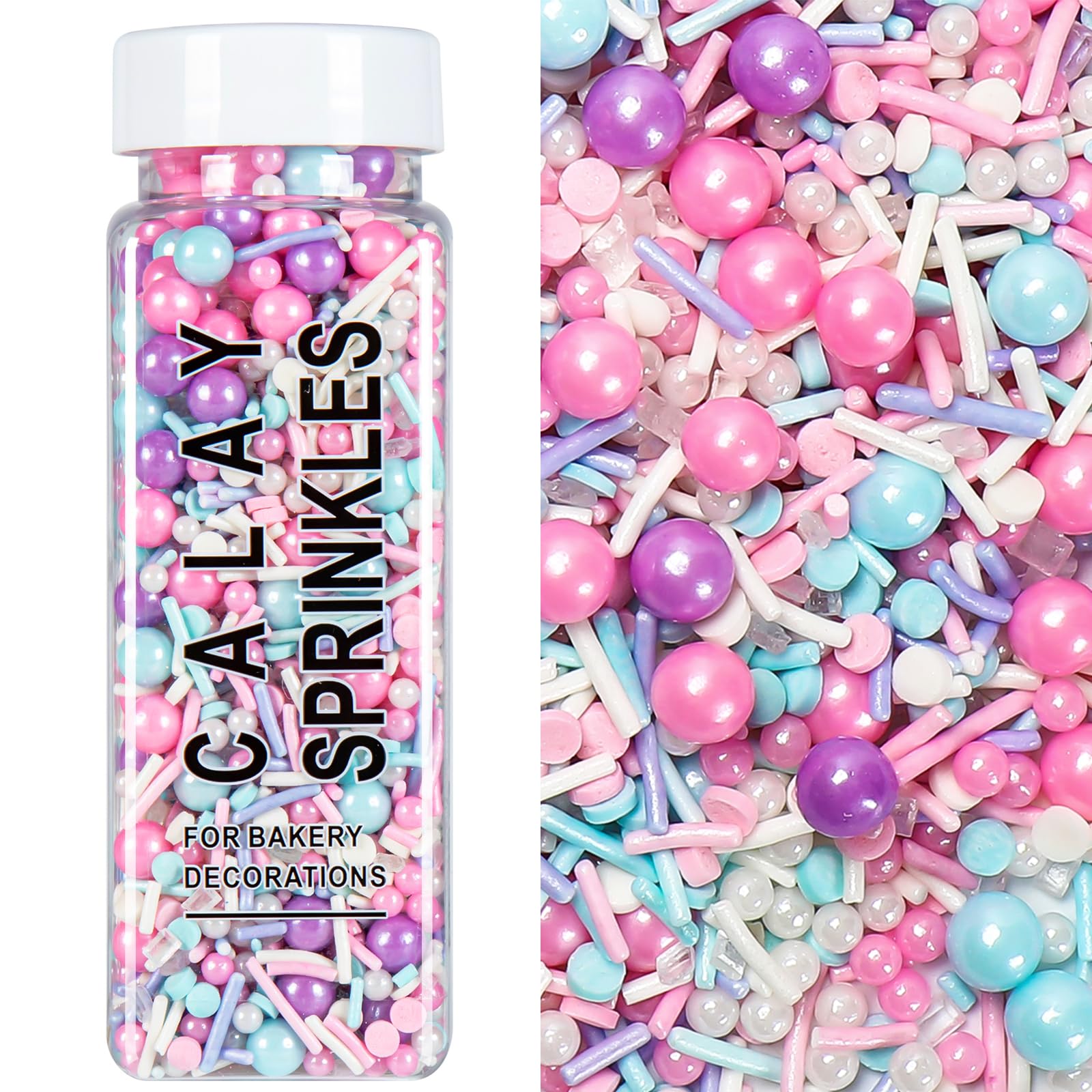 Sprinkles for Cake Decorating, 5.3Oz Pink Purple Blue and White Pearl Confetti Jimmies Sprinkles Mix Pastel Sprinkles for Cake I