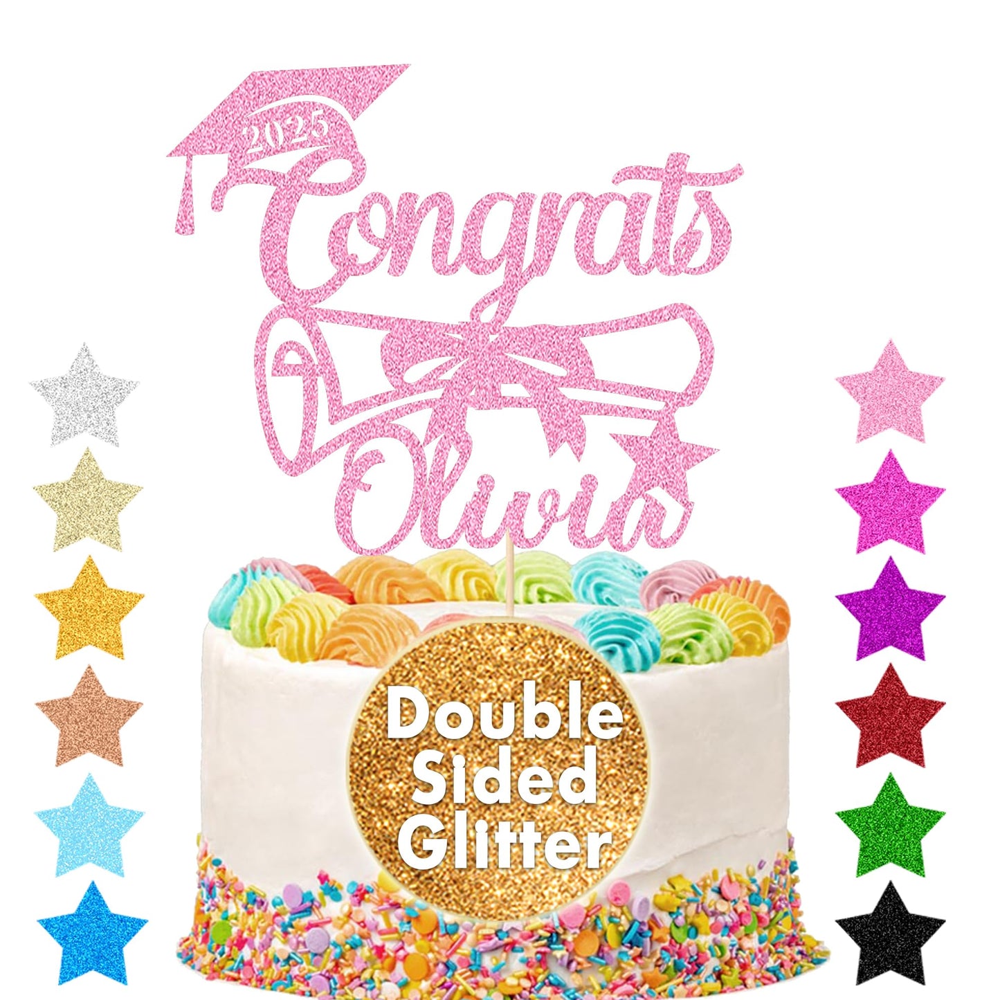 EDSG Personalized Graduation Cake Topper Double Sided Glitter Congrats Decorations for College High School, Baby Pink