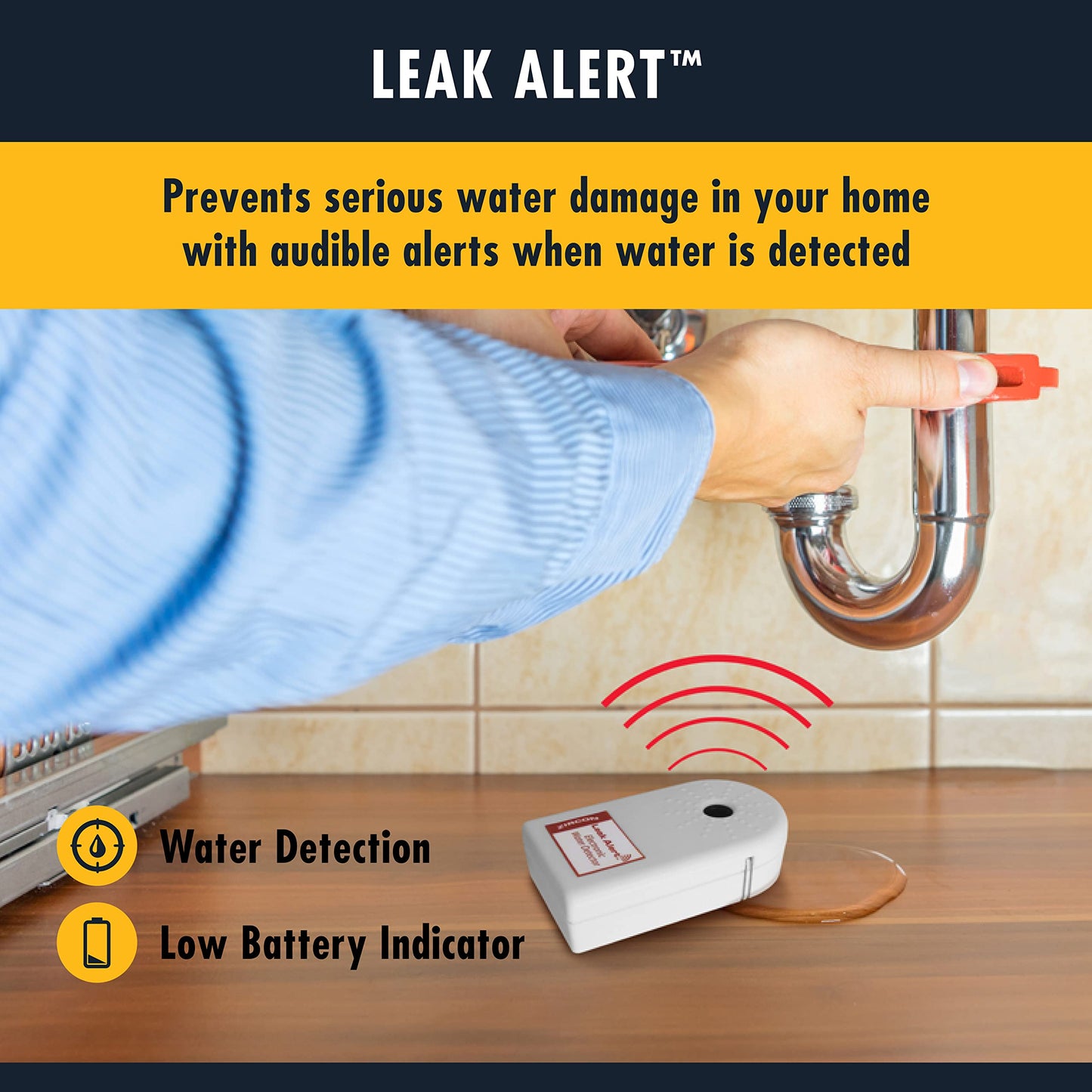 Zircon Leak Alert Water Leak Detector & Flood Sensor Alarm/Water Leak Sensor With Dual Leak Alarms 90Db Audio/Battery Powered (2