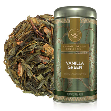 Teabloom Organic Green Tea, Vanilla Green Loose Leaf Tea, Natural Ingredients, Kosher Certified, Fresh Whole Leaf Blend In Reusable Gift Canister, 3.17 Oz/90 G Canister Makes 35-50 Cups