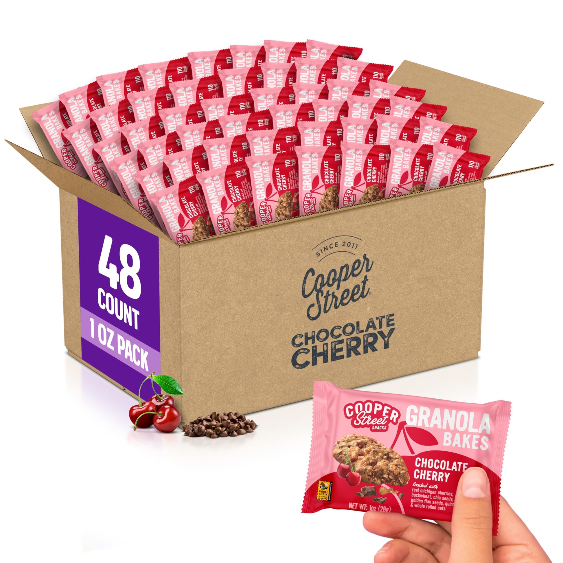 COOPER STREET Granola Bakes – Chocolate Cherry, Soft & Chewy, Low Sodium, 48 Count, Individually Wrapped, Nut & Dairy Free