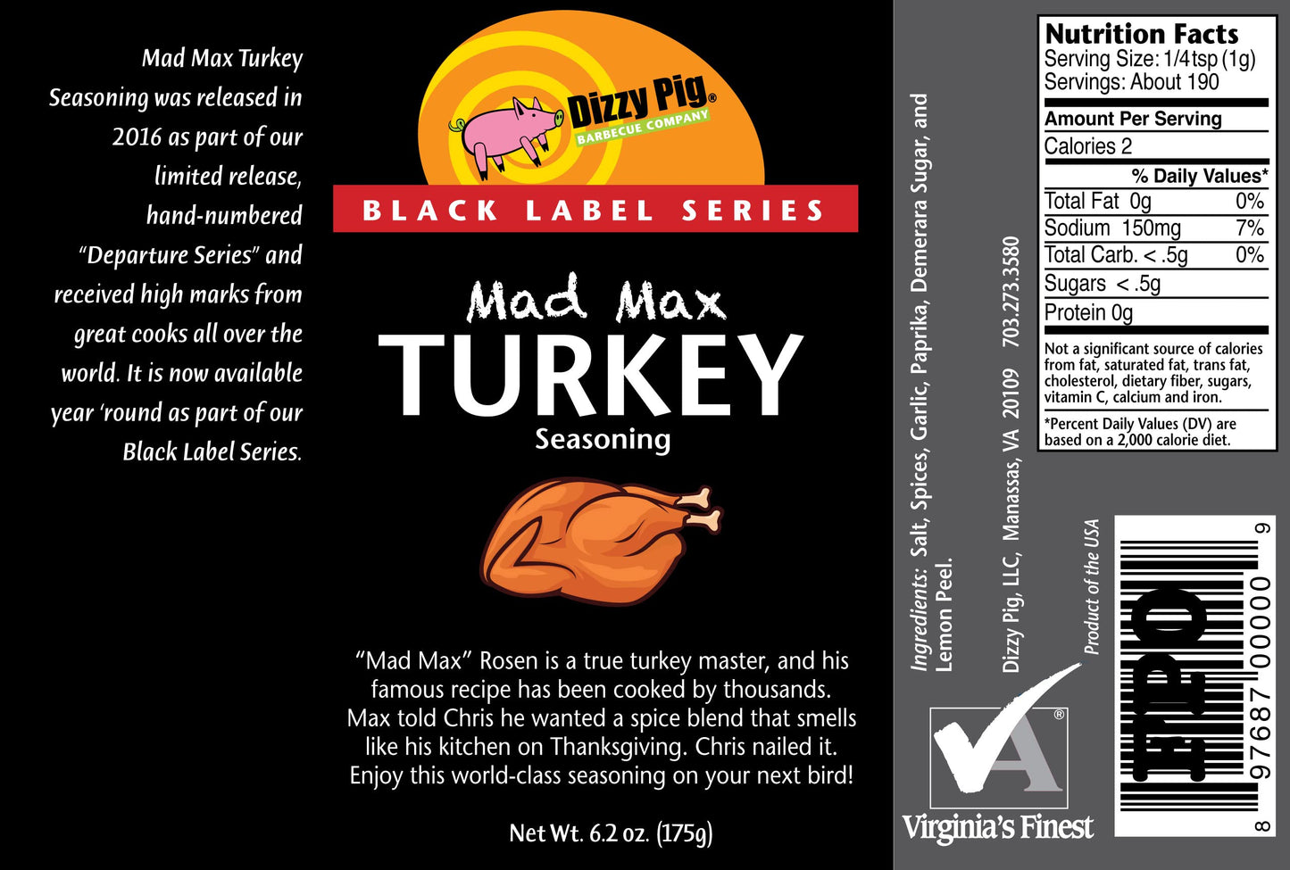 Dizzy Pig Mad Max Turkey Seasoning Rub - 8oz Shaker, MSG Free, Gluten Free, Hand Made in the USA, Model DP-MMT-8