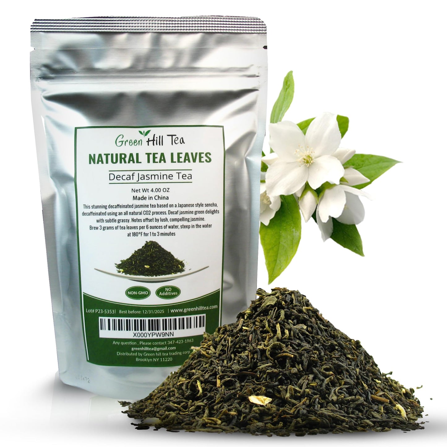 Greenhilltea Decaf Jasmine Green Tea - 4 Oz Bag, Caffeine-Free, Green Color