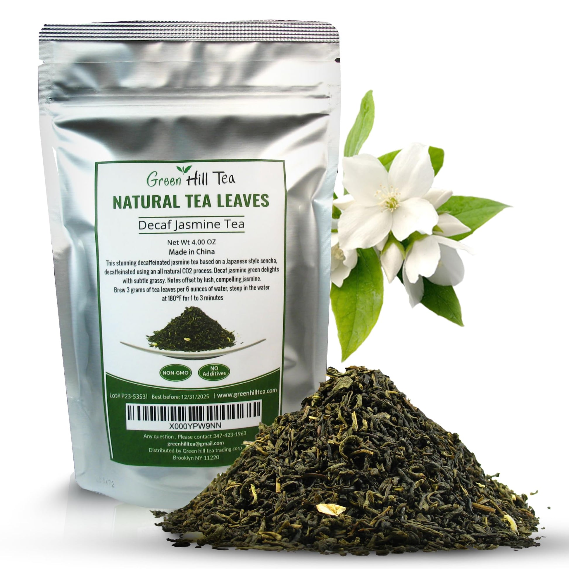 Greenhilltea Decaf Jasmine Green Tea - 4 Oz Bag, Caffeine-Free, Green Color