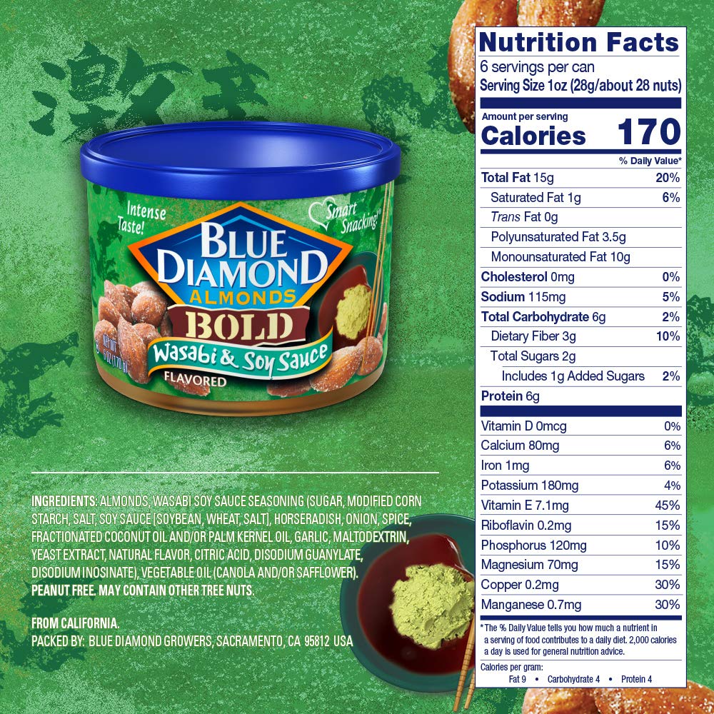Blue Diamond Almonds, Bold Wasabi & Soy Sauce, 6 Ounce (Pack of 6)