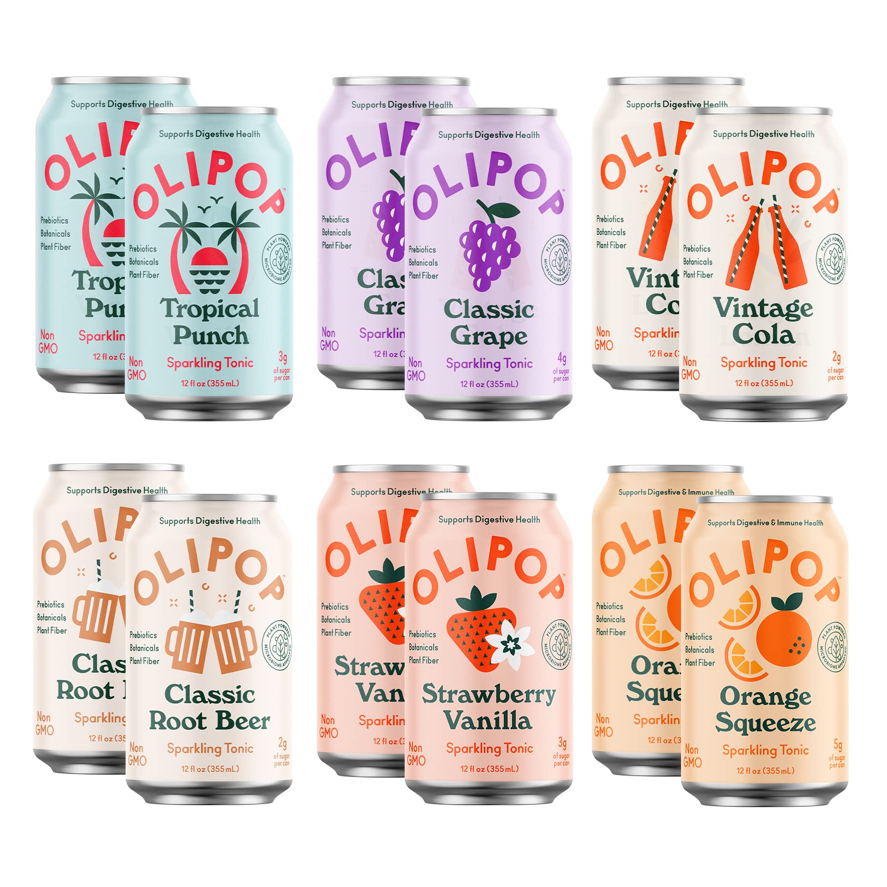 OLIPOP Sparkling Tonic Variety Pack, Prebiotic Soda Sampler, Vegan, Non-GMO, 12 Fl Oz, Pack of 12