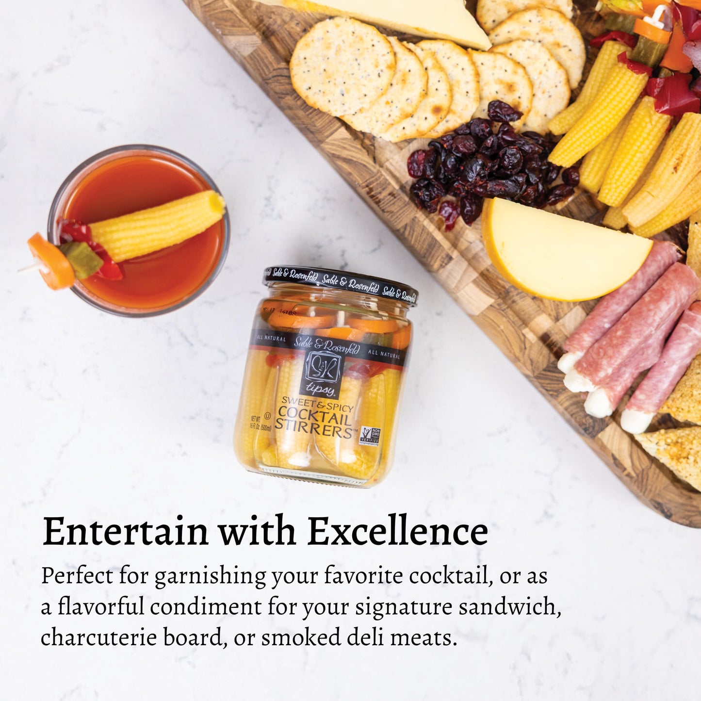 Sable & Rosenfeld Cocktail Stirrers, Sweet & Spicy Pickled Vegetable Garnish, 16 Fl Oz Jar, Non-GMO, Kosher, Gluten-Free
