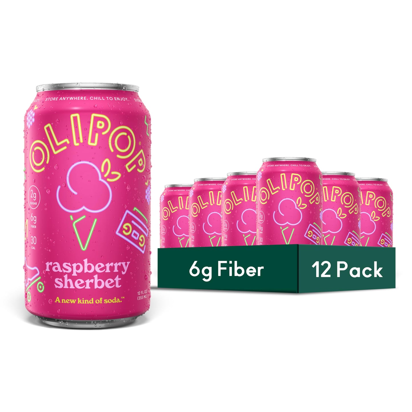 OLIPOP Prebiotic Soda Pop, Raspberry Sherbet, Pantry Pack Packed with Prebiotics, Fiber, and Botanicals, Gluten Free, GMO Free, 