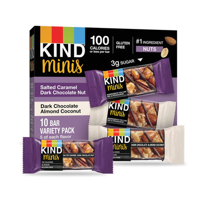 KIND Mini Nut Bars, Variety Pack, Salted Caramel Dark Chocolate Nut and Dark Chocolate Almond Coconut, Low Calorie Snacks, Glute
