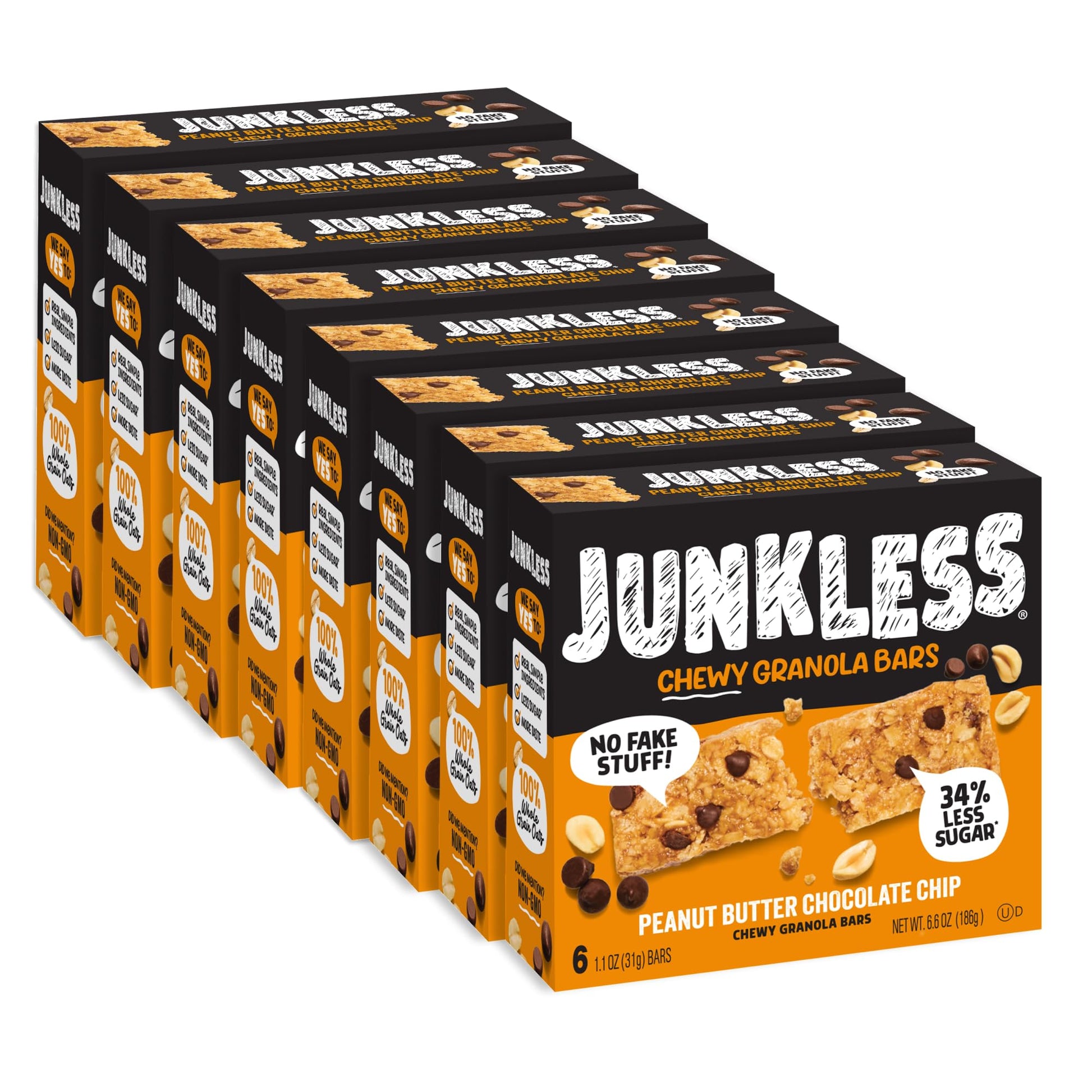 Junkless Chewy Granola Bars, Peanut Butter Chocolate Chip, Non-GMO, Low Sugar, 1.1 oz (Pack of 48)