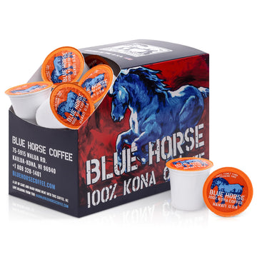 Blue Horse 100% Kona Coffee Pods, Medium Roast, 20ct Single Serve, Compatible with K Cups 2.0, Farm Fresh, Authentic Arabica Bea