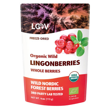 Loov Freeze Dried Organic Wild Lingonberries, No Sugar Added, 100% Dried Whole Fruit Lingonberries, Wild-Crafted From Northern E