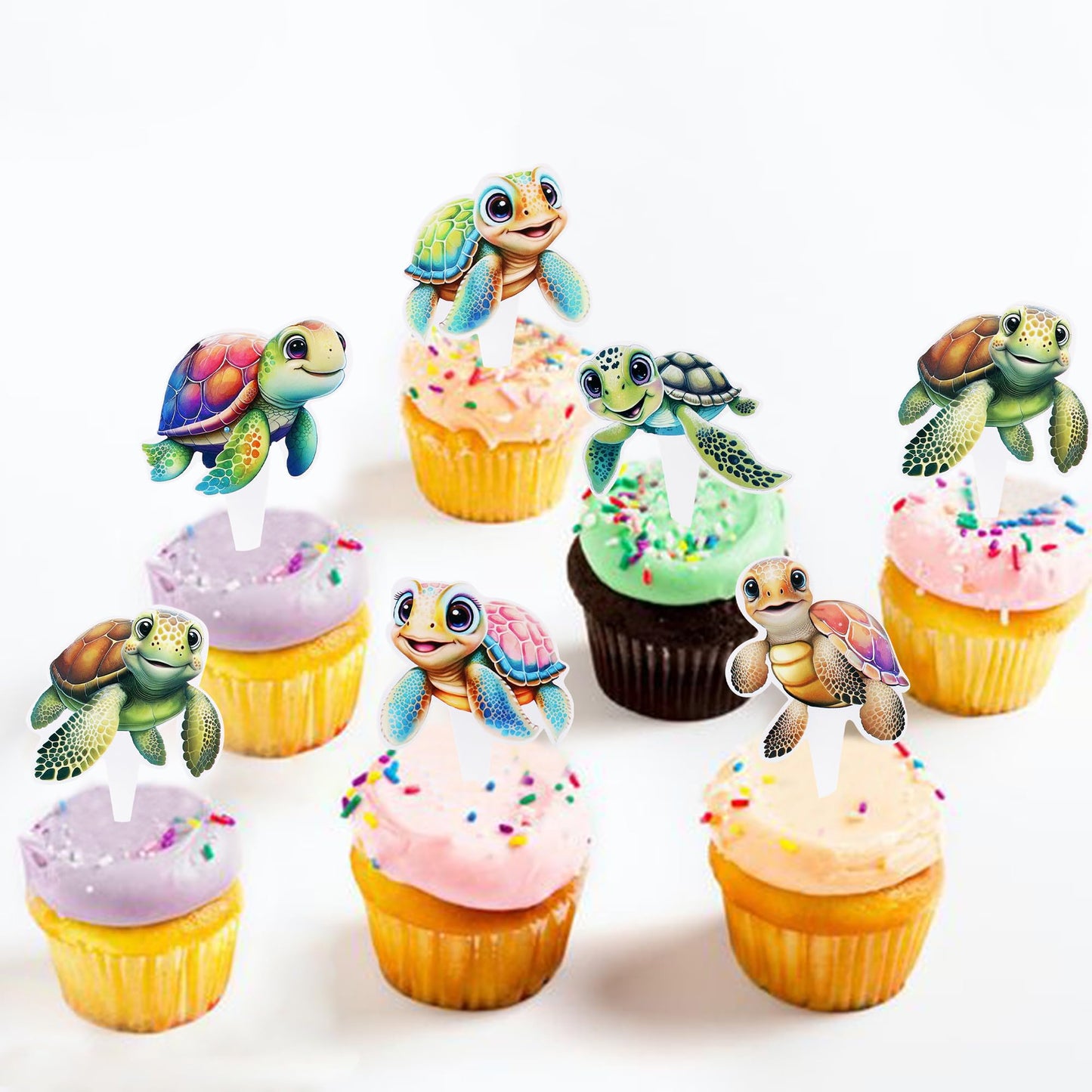 Ercadio 30 Pcs Double Sided Turtles Cupcake Toppers For Baby Happy Birthday Party Cake Sea Animals Baby Shower Party Picks For S