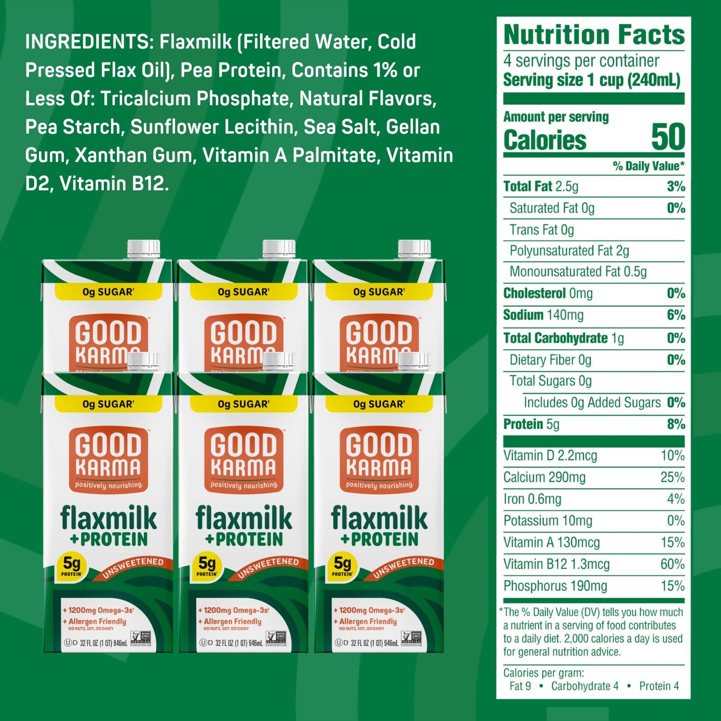 Good Karma Unsweetened Flaxmilk +Protein, 32 Ounce (Pack of 6), 5g Plant Protein + 1200mg Omega-3 Per Serving, Plant-Based Non-D