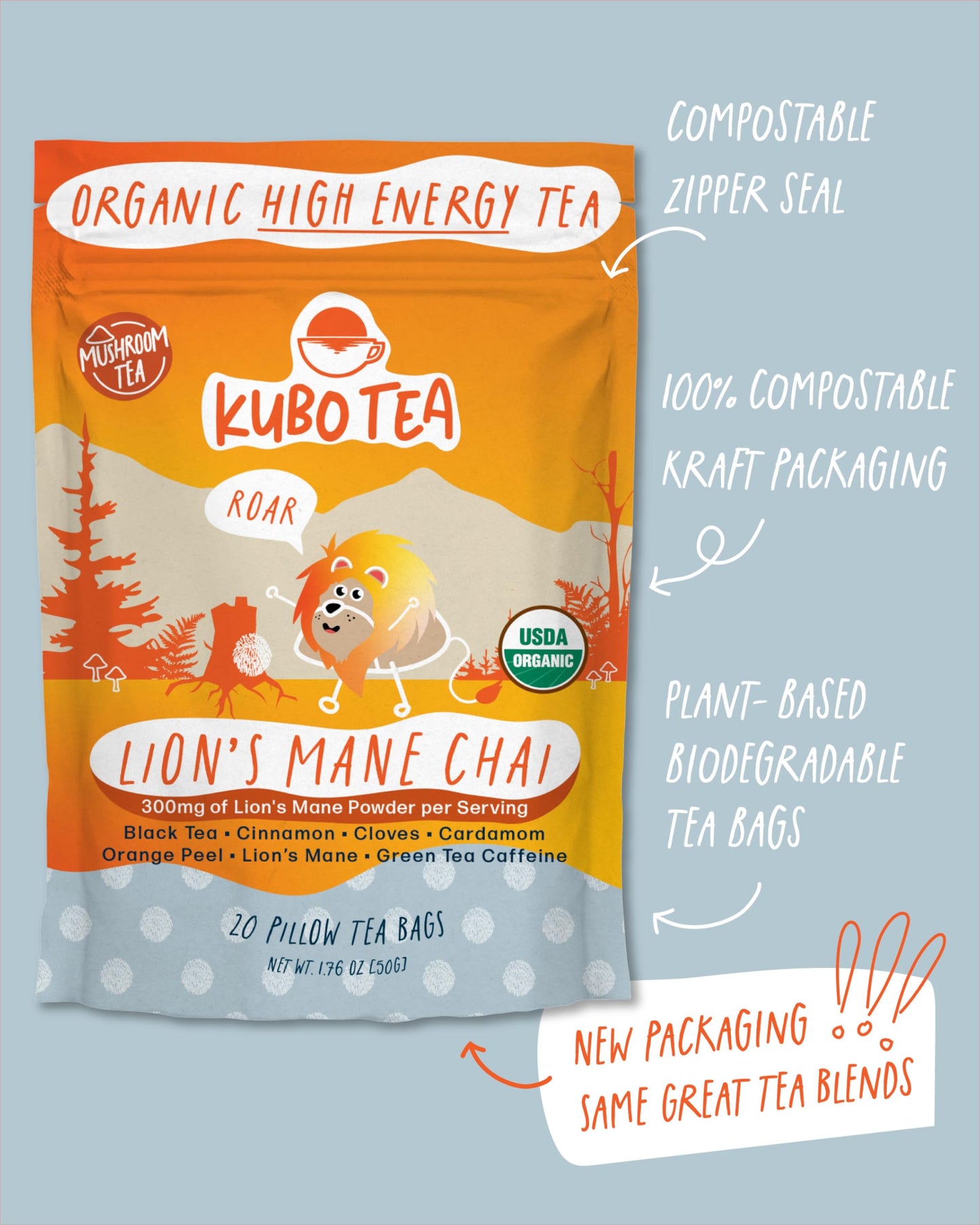 Kubo Tea High Caffeine Mushroom Tea Bags – Organic Lion’s Mane Chai, 20 Ct, Compostable Packaging
