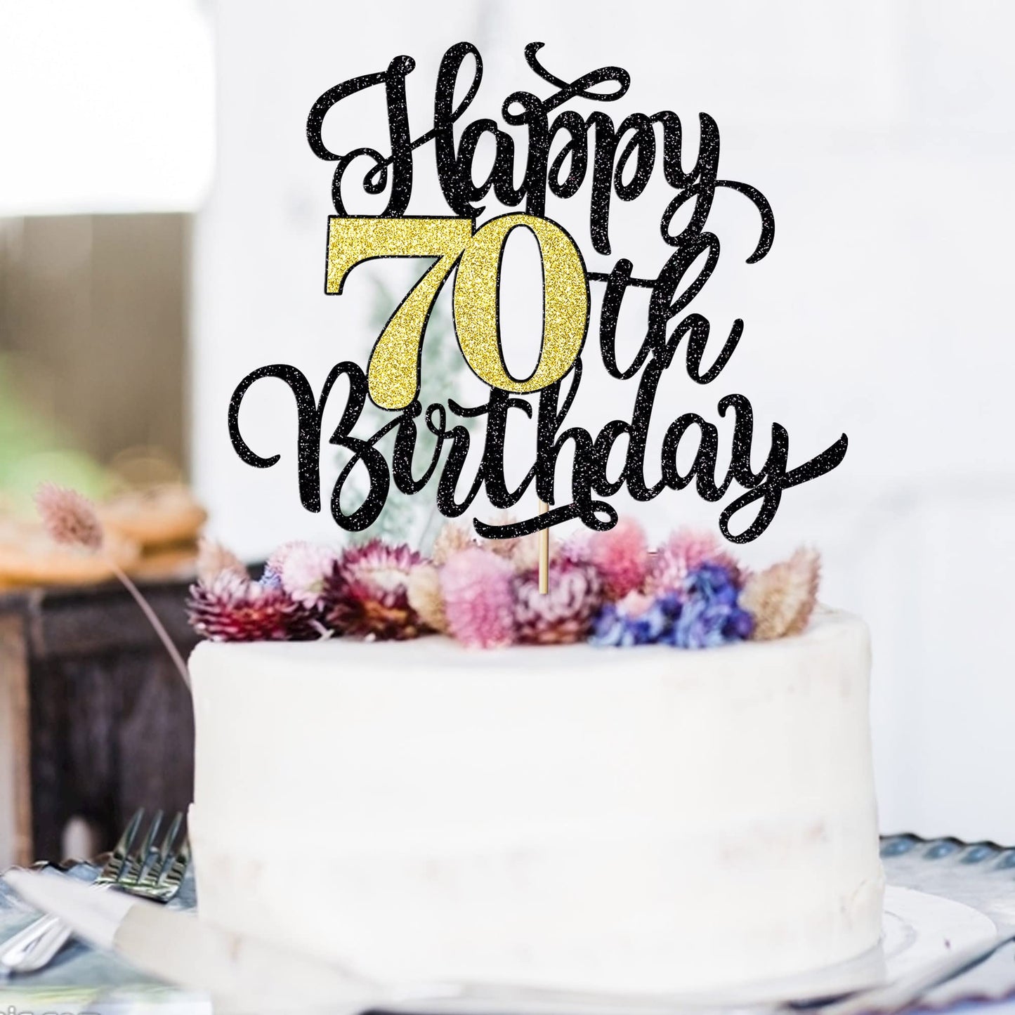 Leetaivie Happy 70Th Birthday Cake Topper, Black Gold Glitter Birthday Cake Topper, 70Th Anniversary/ 70Th Birthday Party Decora