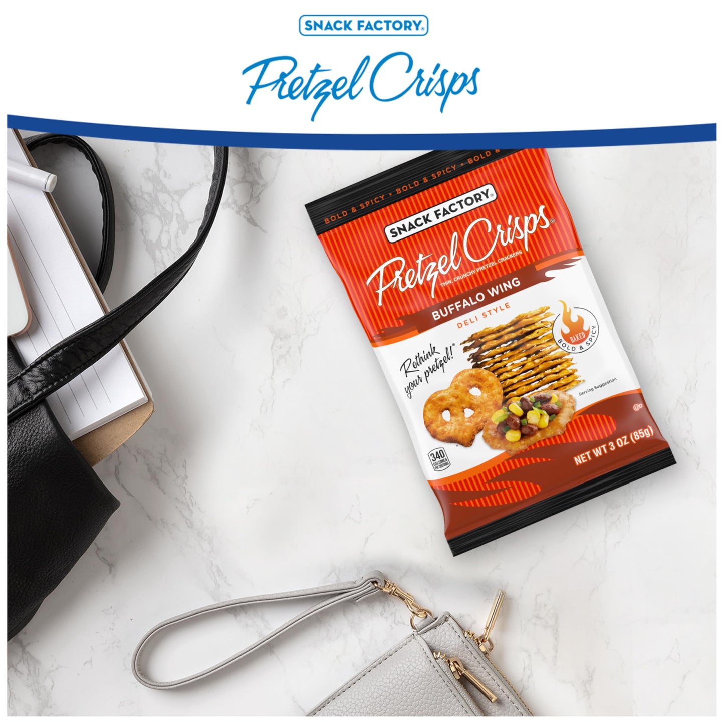 Snack Factory Pretzel Crisps, Buffalo Wing, On-the-Go Bag, 3 Oz (Pack of 8)