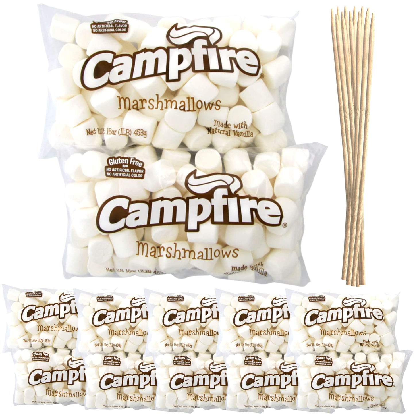 Firestix Case Pack 12 Pounds Bulk Campfire Marshmallows With (100) Roasting Sticks - (12) One Pound Bags Of Large Campfire Marsh