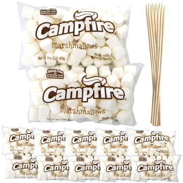 Firestix Case Pack 12 Pounds Bulk Campfire Marshmallows With (100) Roasting Sticks - (12) One Pound Bags Of Large Campfire Marsh