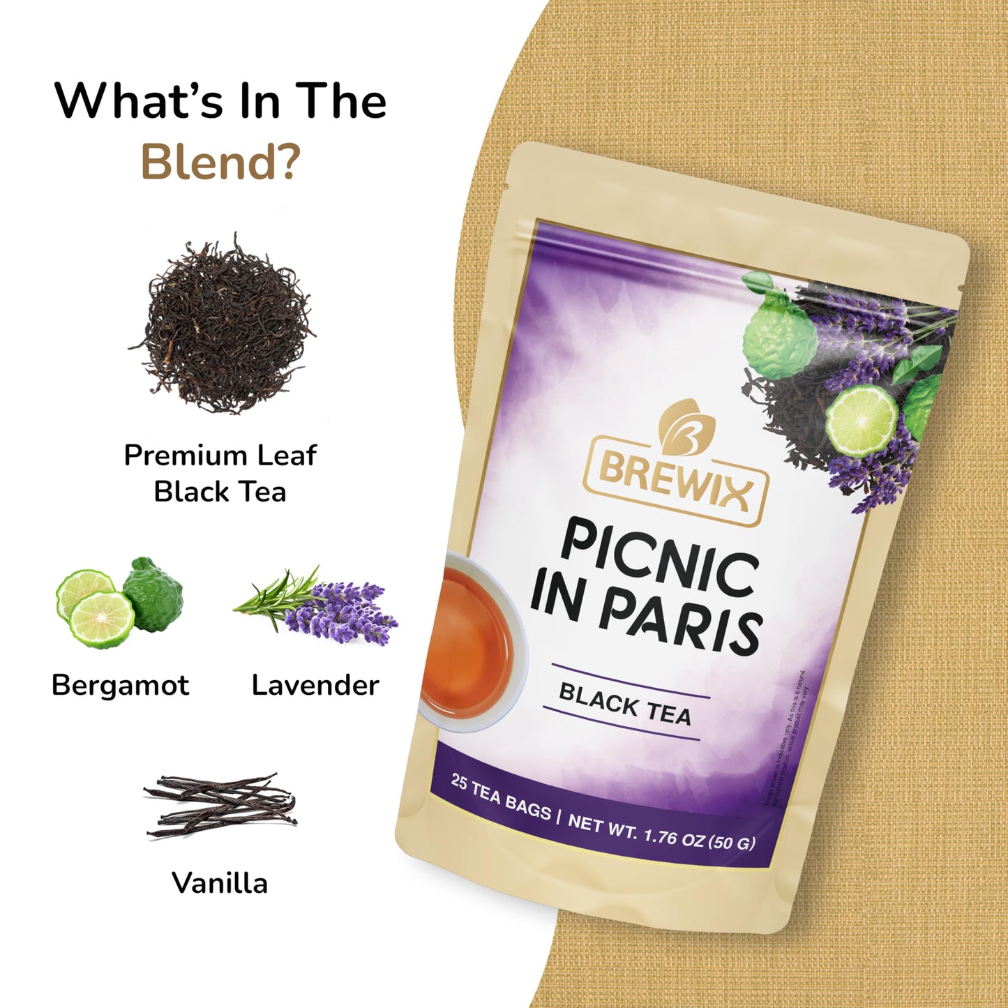 Brewix, Earl Grey With Lavender Tea, Picnic In Paris Black Tea (25 Pyramid Tea Bags) | Black Tea With Bergamot, Lavender And Van