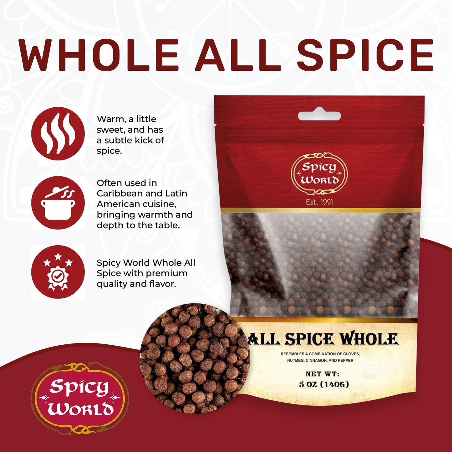 Allspice Whole Berries 5 Ounce Bag - by Spicy World (All Spice) | All Spice Pimento Jamaica Pepper for Cooking & Seasoning | Ver