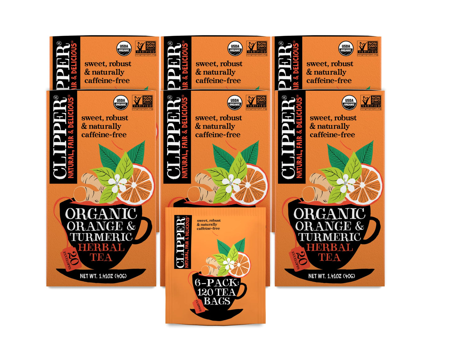Clipper Tea Organic Herbal Tea, Orange & Turmeric, Caffeine Free, 20 Count (Pack of 6)