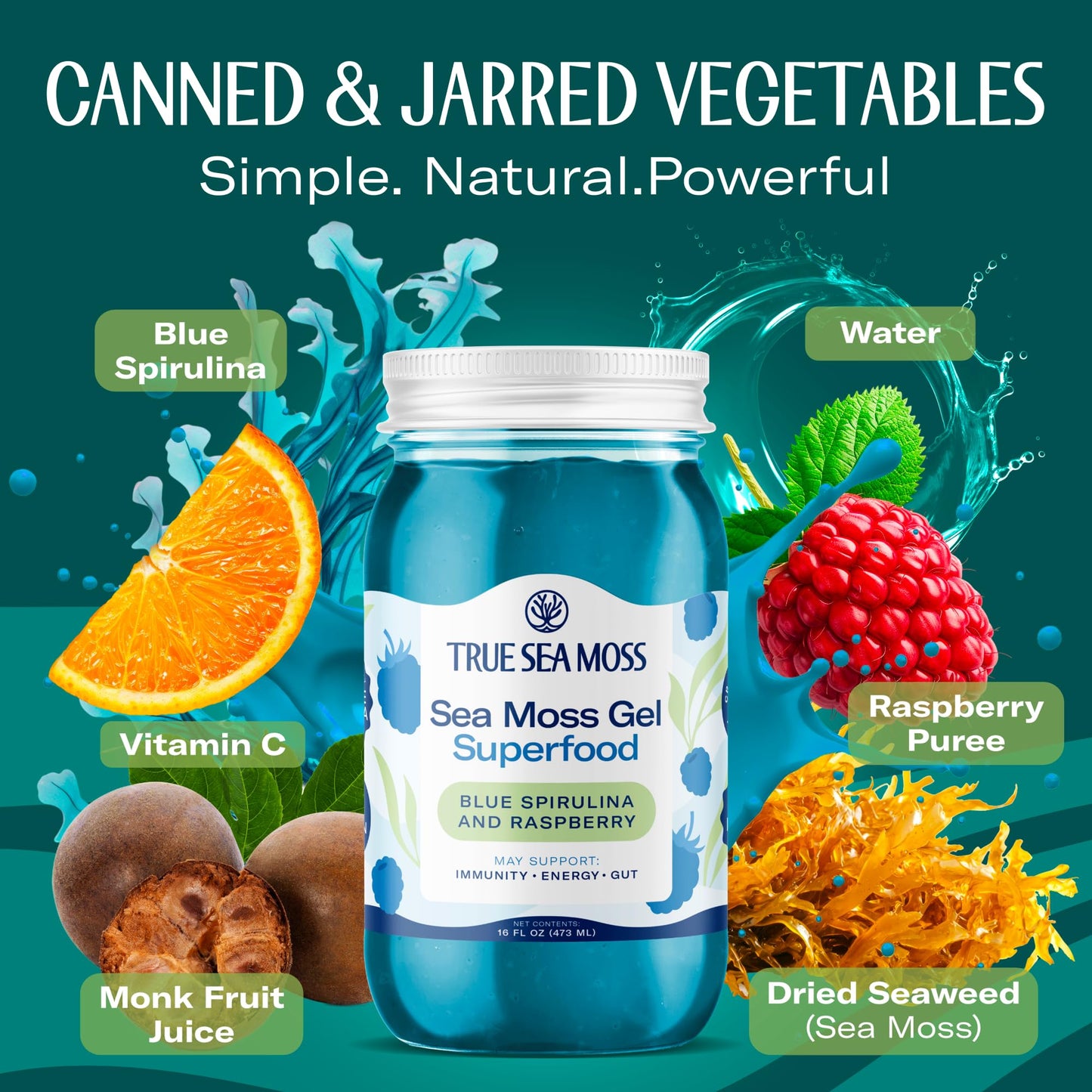 TrueSeaMoss Sea Moss Gel - Made in USA - Wildcrafted Seamoss, Fruits & Jarred Vegetables - Blue Spirulina, Pack of 2 (Labels may