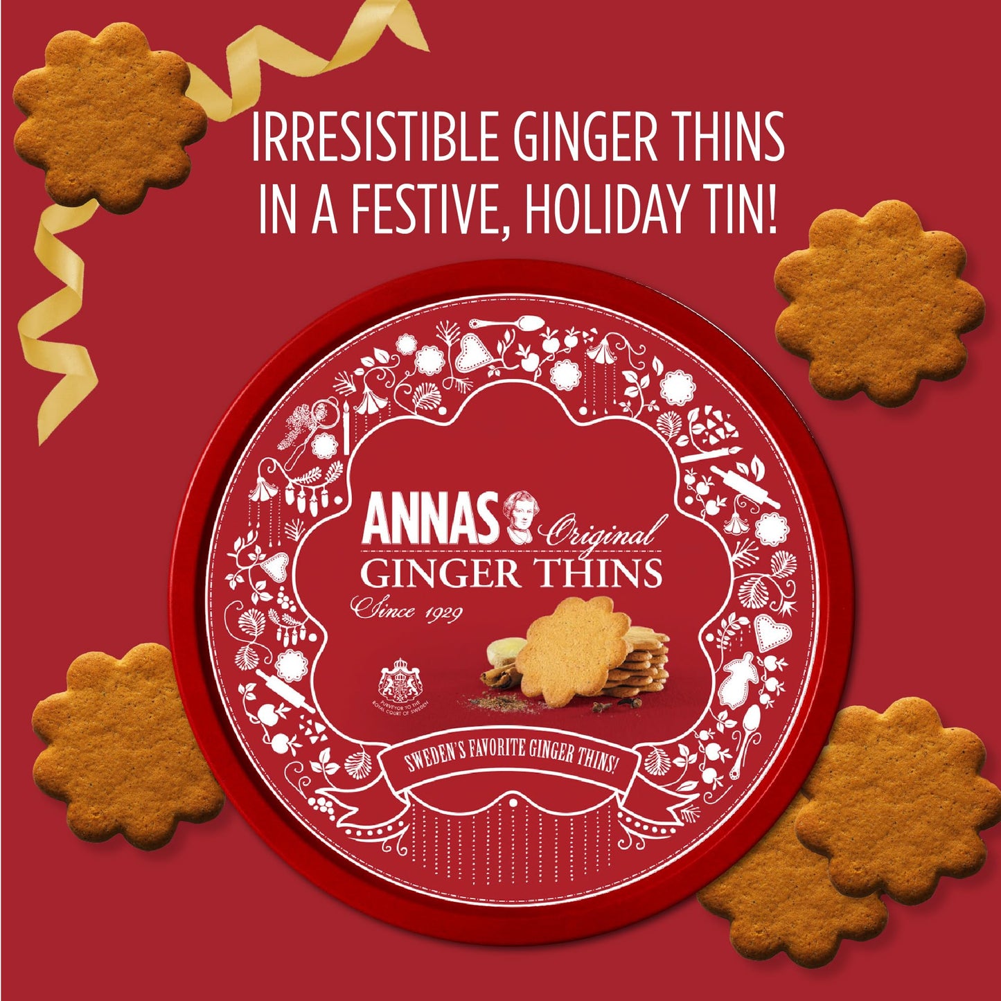 Annas Thins Tins - Ginger Pepparkakor Holiday Tin - 15.3 Ounce Tin (Pack of 1) non GMO + Vegan