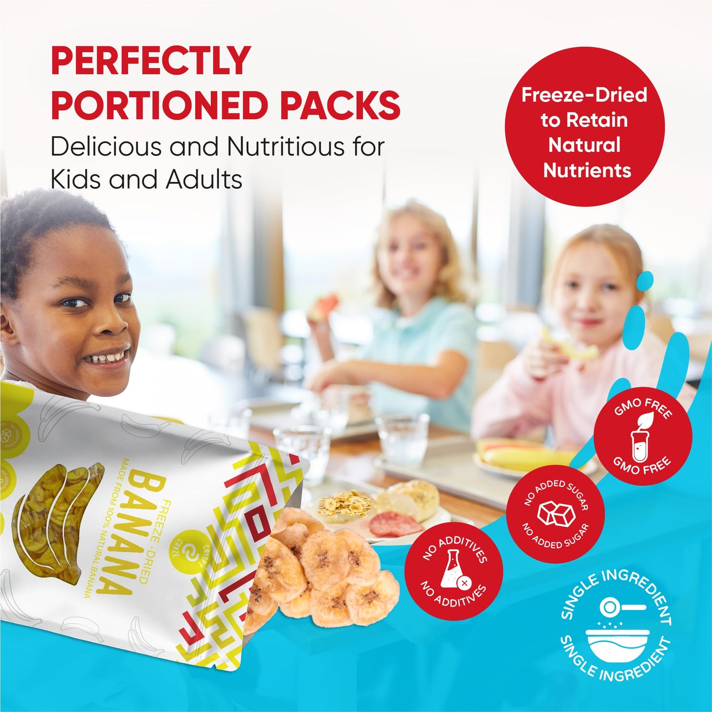 Crispy Craze Freeze Dried Bannans (24 Snack Sized Bags, 0.52 Oz Each), Sliced Banana Fruit Crisps, Non Gmo, Healthy Snack, No Ad