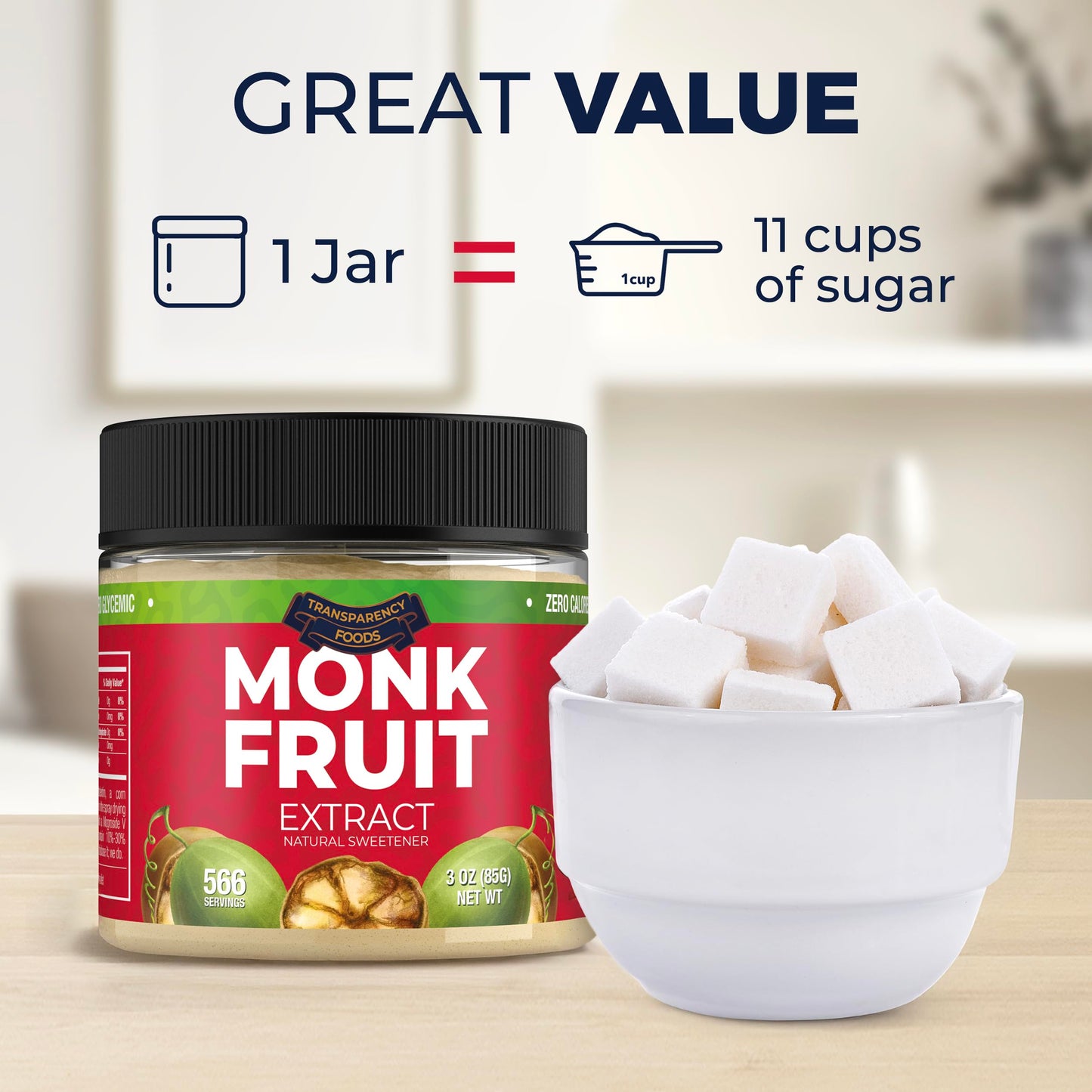 Transparency Foods Monk Fruit Sweetener, Zero Calories, Non-GMO, 3oz (25X Sweeter Than Sugar)