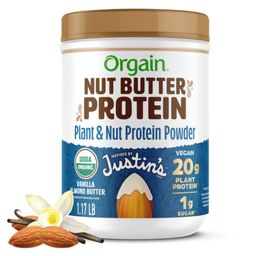 Orgain X Justins  Organic Vegan Nut Butter Protein Powder, Vanilla Almond Butter- 20g Plant Protein, 1g Sugar, Gluten Free, No 
