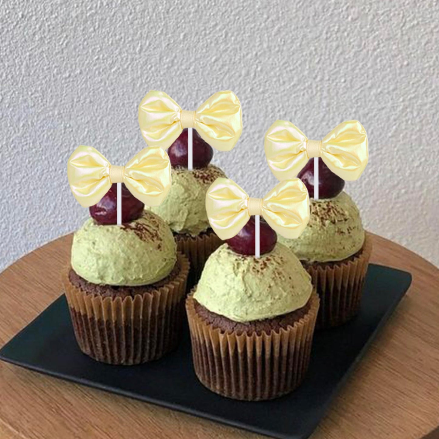YCTHUNFISH 12 Pack Pink Bow Cupcake Toppers - Paper Bowknot Decorations for Wedding, Bridal Shower, Birthday Party - Yellow