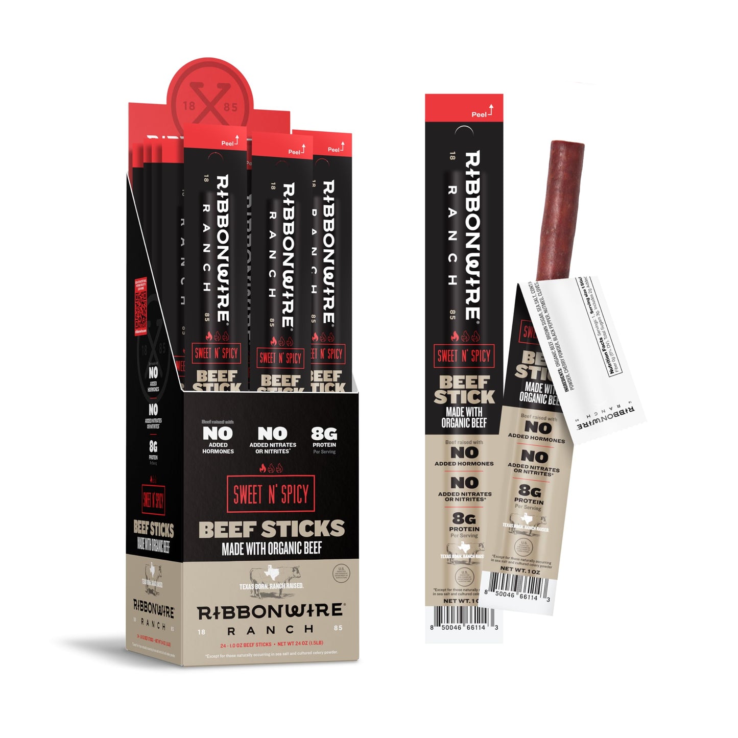 Ribbonwire Ranch Beef Sticks, Made with Organic Beef, Pasture Raised, High Protein Snack, Healthy, Low Carb, Keto Friendly, Glut