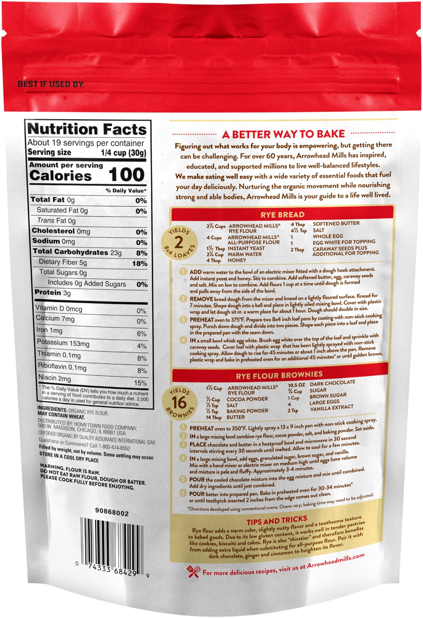 Arrowhead Mills Flour Rye Organic, 20 Oz (3 Pack)